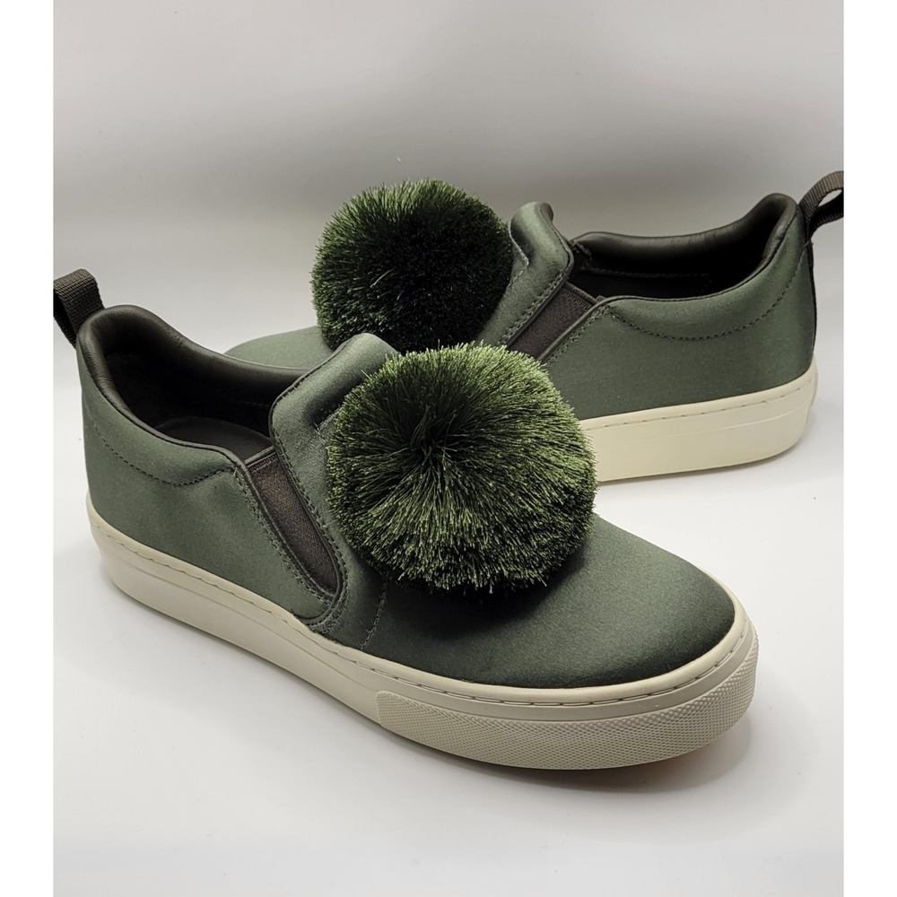 Green Satin Tory Burch With Pom Pom Trim Slip On Loafer Size 6.5